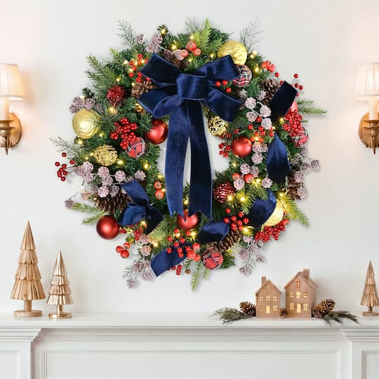 Puleo International 26" Pre-Lit Ornaments & Pinecones Artificial Christmas Wreath